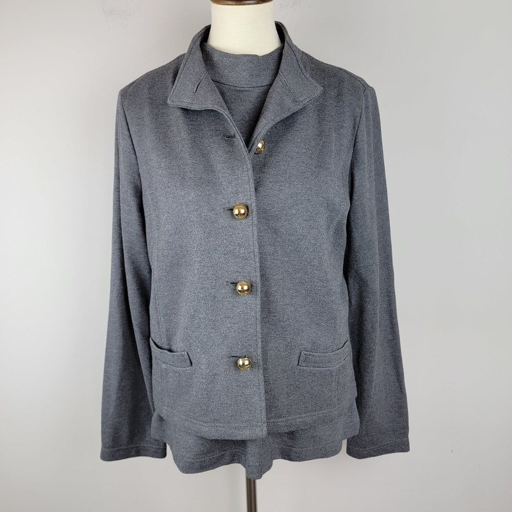 Liz Claiborne Grey Knit Button Front Mock Neck Sleeveless Top Jacket Set Size L
